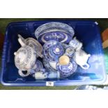 Box of assorted Blue & White ceramics inc. Wedgwood, Woods & Sons etc