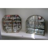 2 Brass and glass mirrored back cabinets with a collection of glass thimbles and animals