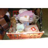 Tray of assorted ceramics and glassware inc. Pair of Festival of Britain glass vases, Wash Set etc