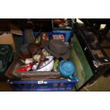 Tray of assorted Bygones inc. Vintage Fan, Advertising tins, Biscuit barrel etc