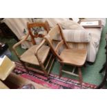 19thC Knifeback kitchen chair and a Rush seated Elbow chair with turned supports