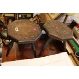 Pair of Late 19thC Octagonal carved Stools on Turned supports