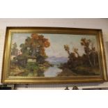 Ilio Giannaccini 1897 - 1968 Large Framed Oil on canvas of a Lake scene signed to bottom right