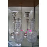 Pair of 19thC Style Decanters and a Pair of Silver on Copper Candlesticks