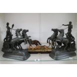 Pair of Spelter Chariots figurines and a Leonardo collection Man with Plough
