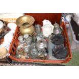 Tray of assorted Bygones inc. Pewter, Brass Spitoon, Parian Jug etc