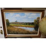 Framed Oil on canvas of a View towards Ely