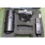 Canon AV-1 35mm Camera in case with Lens and Flash