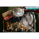 Box of assorted Silver-plated tableware and flatware inc. Candelabra, pierced cake basket