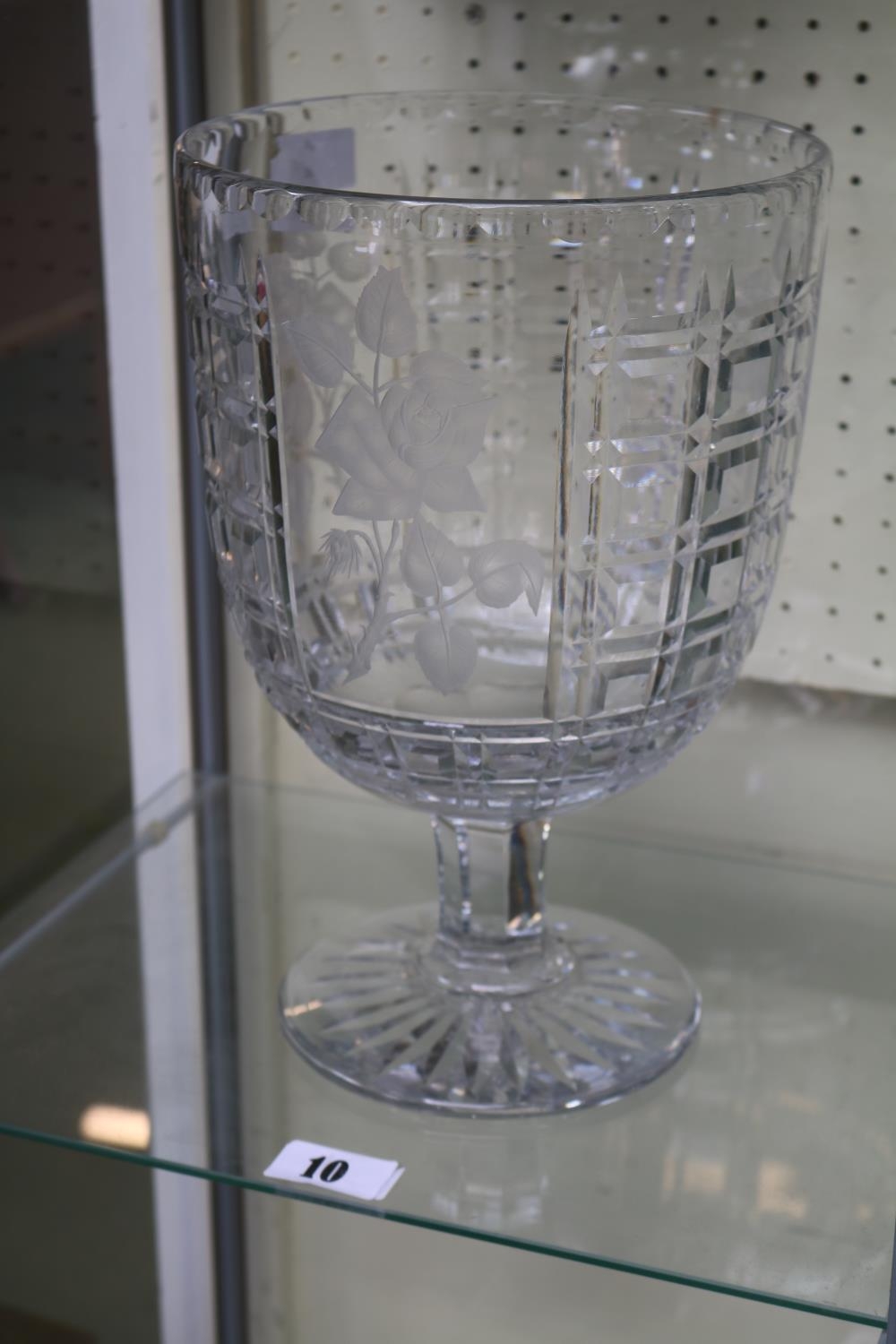 Large etched glass vase on pedestal base with rose decoration