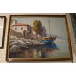 Framed Oil on canvas of a Mediterranean coastal scene dated 1991