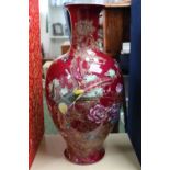 Large Red ground Chinese vase with Game bird and floral decoration with blue underglaze mark 53cm in