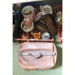 Tray of assorted ceramics and a Larther Vintage Leather holdall with Brass fittings