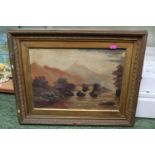 19thC Oil on canvas of a Welsh River scene monogrammed LW in Gilt Gesso Frame