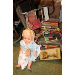 Large collection of assorted Vintage Children's Games, Annuals, dolls and 2 Prams