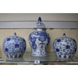 Large Blue & White Alter vase and a Pair of Blue and White spherical vases with character marks to