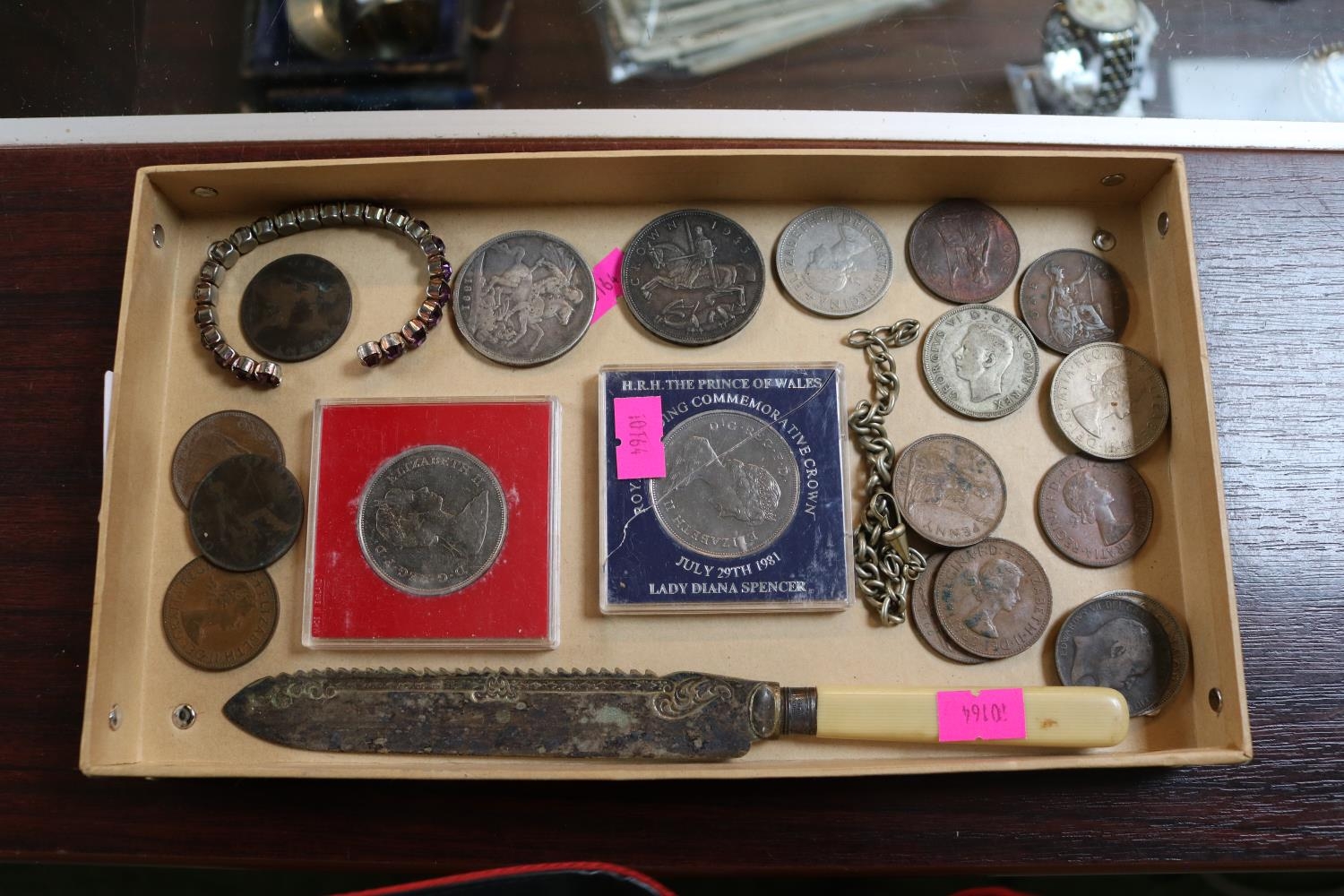 Collection of assorted Coins and bygones inc. 1891 Silver Crown, 1953 Crown etc