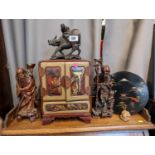 Chines Lacquered cabinet and a collection of assorted carved wooden wares