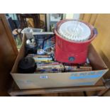 Box of assorted DVDs, Salad strainer and Cafetiere