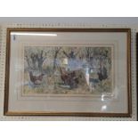 Watercolour by R Y Ferguson of Chickens in woodland