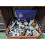 Large tray of assorted ceramics inc. Phrenology head by Fowler, Terracotta ware etc