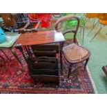 Oak Barley twist caned footstool, Oak Magazine rack, Mahogany narrow table, Butlers stand and a