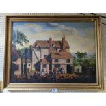19thC Oil on canvas of a Publican scene in naïve form in gilt frame