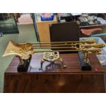 Edwardian Set of Brass Fire Irons, Brass Trivet and a Pair of Fire Dogs