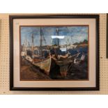 Framed oil of yachts in a Harbour scene by Brian Beattie dated 2008