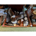 Tray of assorted Ceramics and bygones inc. Stamps, Folk Art Picture frame etc