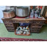 Oak Pedestal desk of 9 drawers with brass drop handles