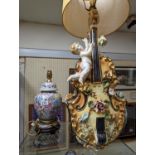 Large Italian Lamp in the model of a Violin with Cherub and a Chinese stylised lamp base