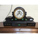 19thC Belgian Slate mantel clock with inset malachite and open escapement and roman numeral dial