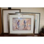 Framed watercolour of a Family on a beach signed and 2 prints