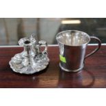 Silver Chamberstick with snuffer Birmingham 1825 and a Heavy Gauge Silver Christening Mug London