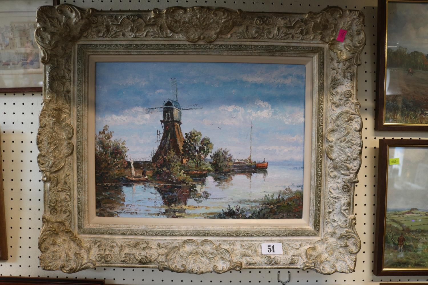 James Cameron Oil on canvas of a Windmill ornate framed