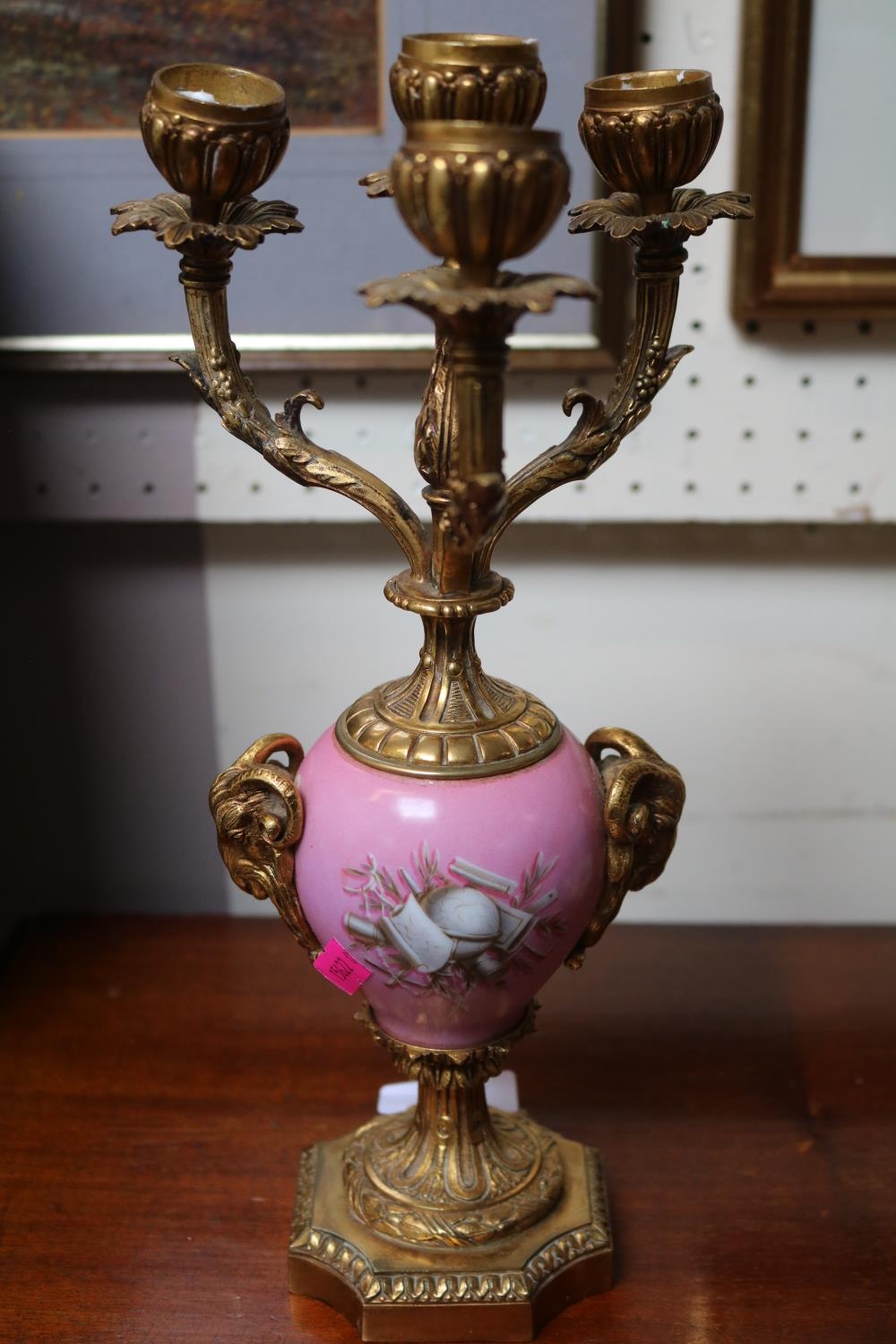 French Porcelain 4 Branch Gilt Metal Ormolu candelabra with Cherub decorated panel 30cm in Height - Image 2 of 2