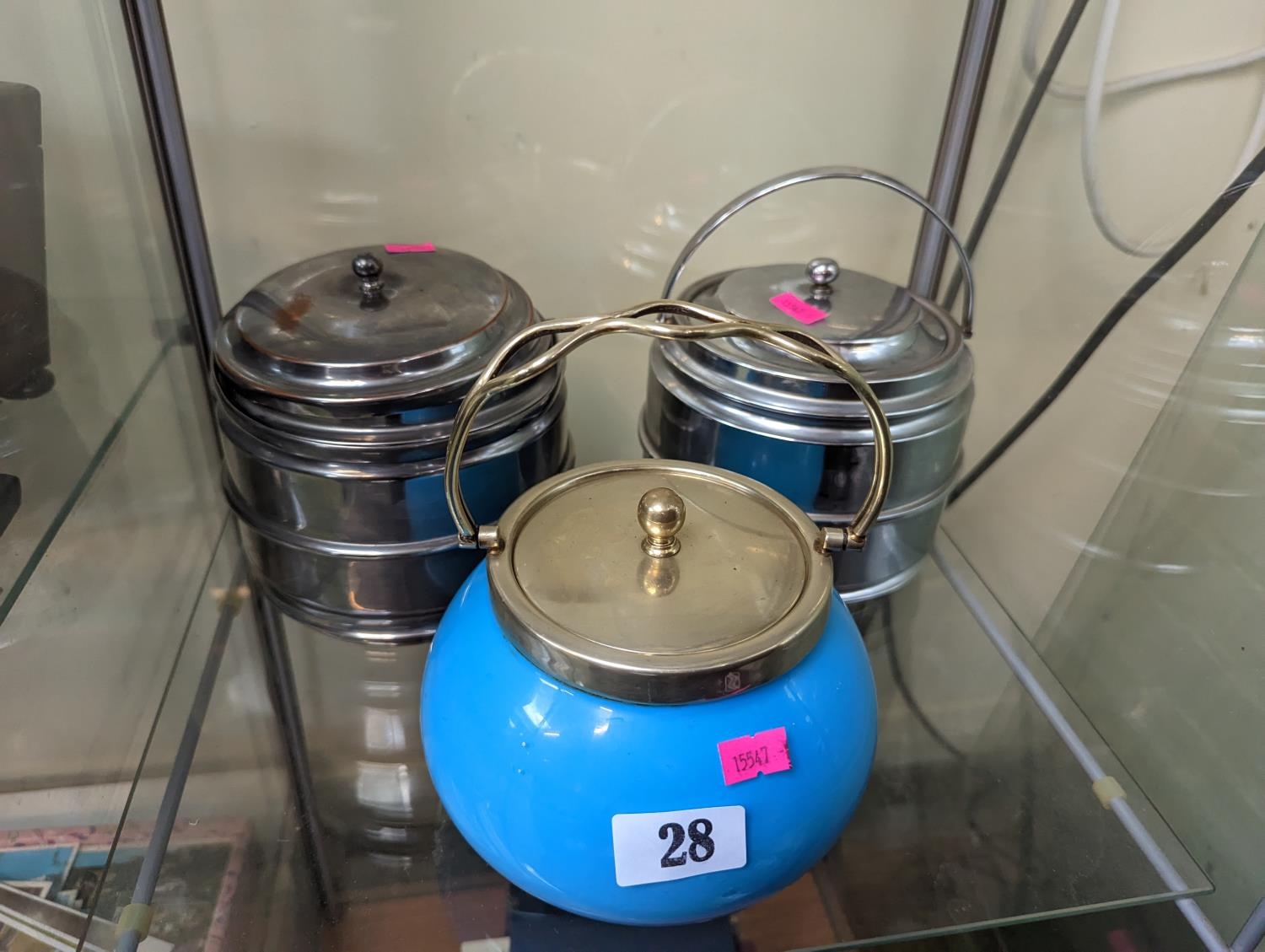 Pair of Mid Century Chrome Ice buckets and a Opaque glass biscuit barrel