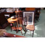 Oval table with under tier with single drawer, Barley twist jardinière stand and a Edwardian chair