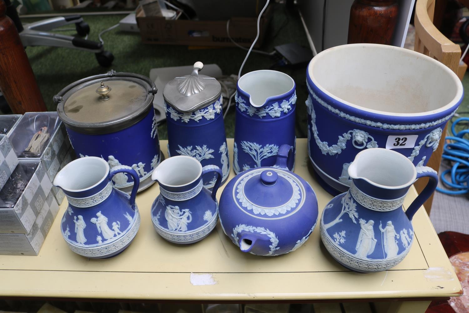 Good collection of 19thC and later Blue Wedgwood Jasperware inc Jardinières, Biscuit Barrel etc