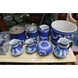 Good collection of 19thC and later Blue Wedgwood Jasperware inc Jardinières, Biscuit Barrel etc