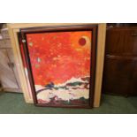 Large Colourful frame Oil of a Bird against vivid sunset unsigned