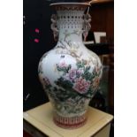 Large Blanc ground Chinese vase with Bird and floral decoration with blue underglaze mark 53cm in