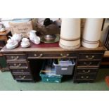 Oak Pedestal desk with brass drop handles and inset top