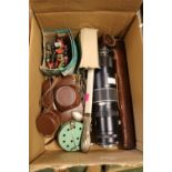 Silver handled Page Turner, Optomax and another Lens, small box of Lead figures and assorted items