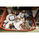 Large box of assorted bygones and ceramics inc. Tankards, Silver-plated ware