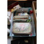 Pair of Black Lacquered flora decorated boxes, Postcards and assorted glassware