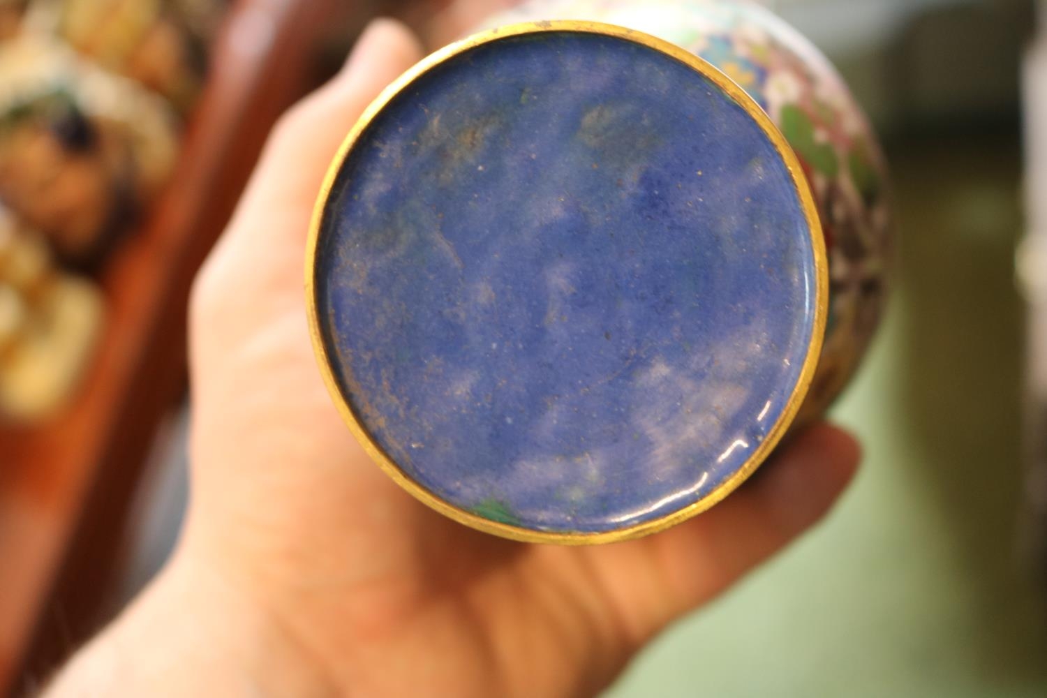 Pair of Floral decorated Cloisonné lidded vases and a Cloisonné lidded pill pot - Image 2 of 2