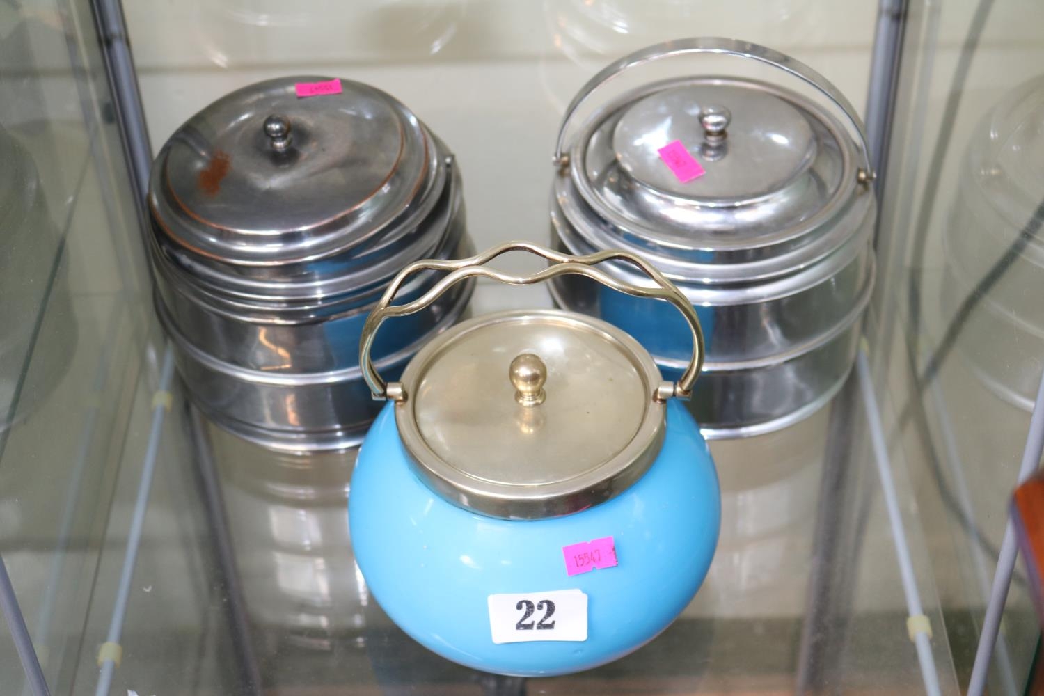 Pair of Mid Century Chrome Ice buckets and a Opaque glass biscuit barrel - Image 2 of 2