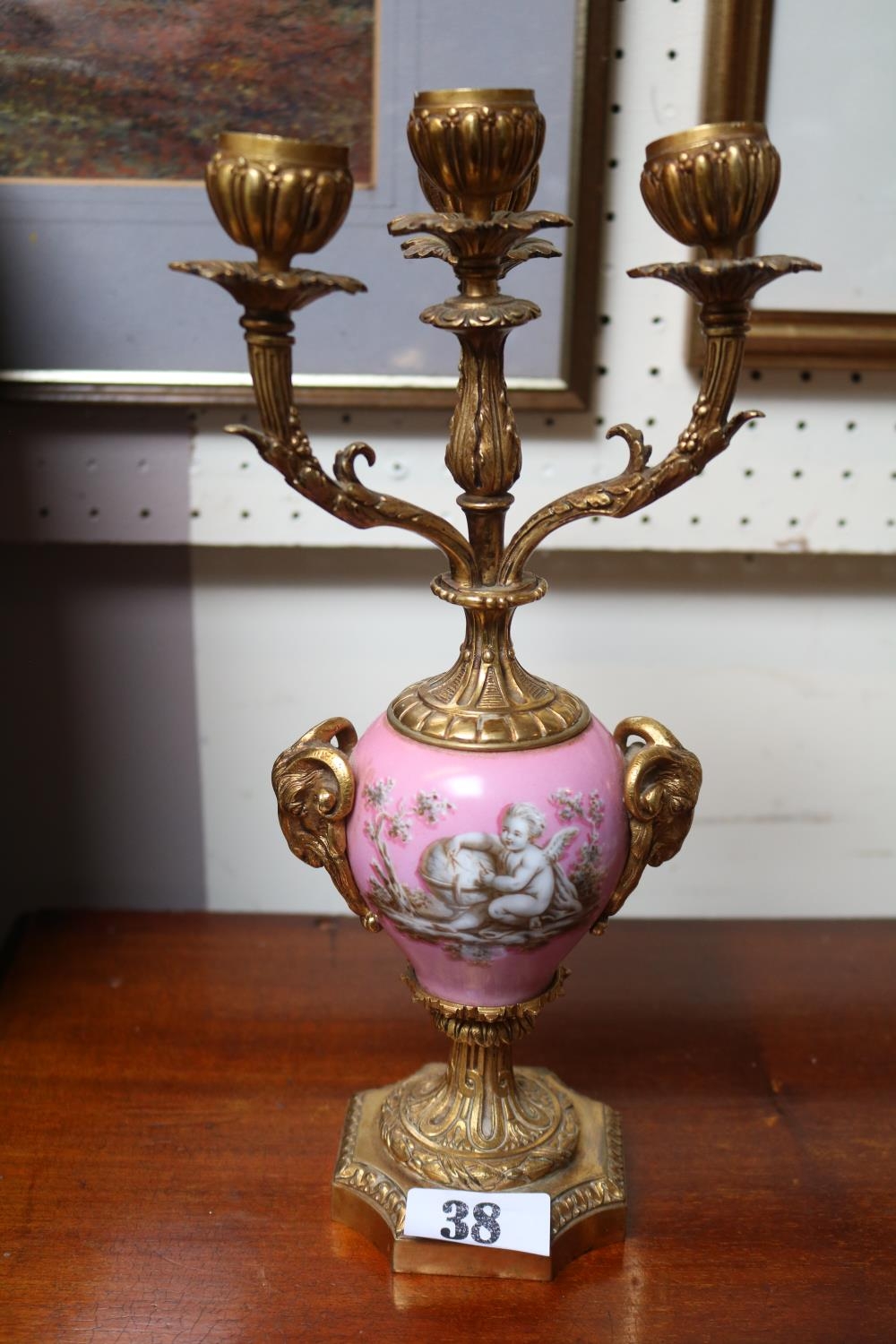 French Porcelain 4 Branch Gilt Metal Ormolu candelabra with Cherub decorated panel 30cm in Height